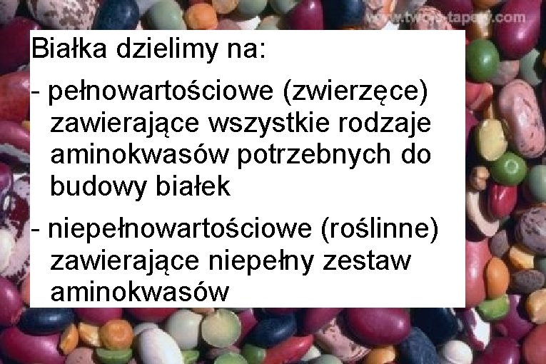 Białka dzielimy na: - pełnowartościowe (zwierzęce) zawierające wszystkie rodzaje aminokwasów potrzebnych do budowy białek