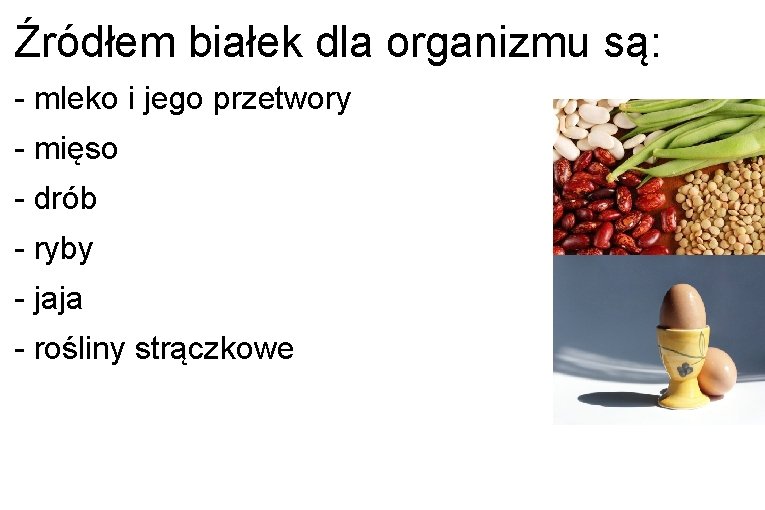 Źródłem białek dla organizmu są: - mleko i jego przetwory - mięso - drób