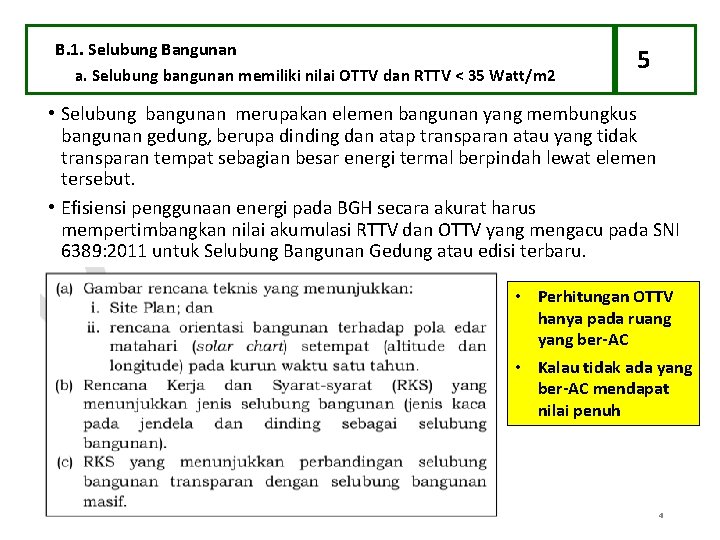 B. 1. Selubung Bangunan a. Selubung bangunan memiliki nilai OTTV dan RTTV < 35