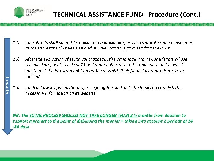 TECHNICAL ASSISTANCE FUND: Procedure (Cont. ) 1 month 14) Consultants shall submit technical and