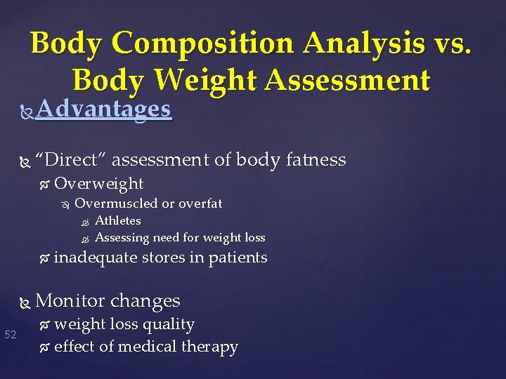 Body Composition Analysis vs. Body Weight Assessment Advantages “Direct” assessment of body fatness Overweight