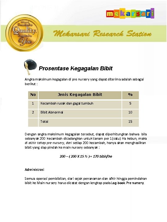 Prosentase Kegagalan Bibit Angka maksimum kegagalan di pre nursery yang dapat diterima adalah sebagai