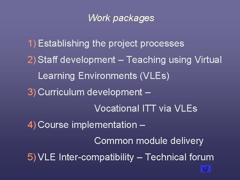 Work packages 1) Establishing the project processes 2) Staff development – Teaching using Virtual