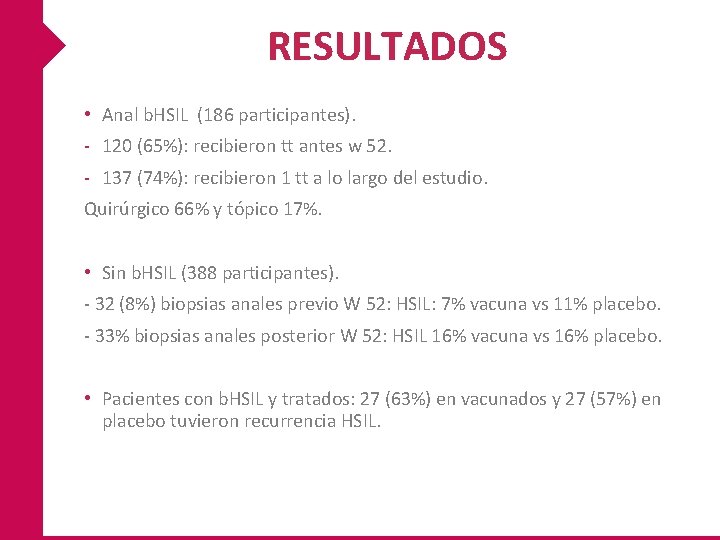 RESULTADOS • Anal b. HSIL (186 participantes). - 120 (65%): recibieron tt antes w