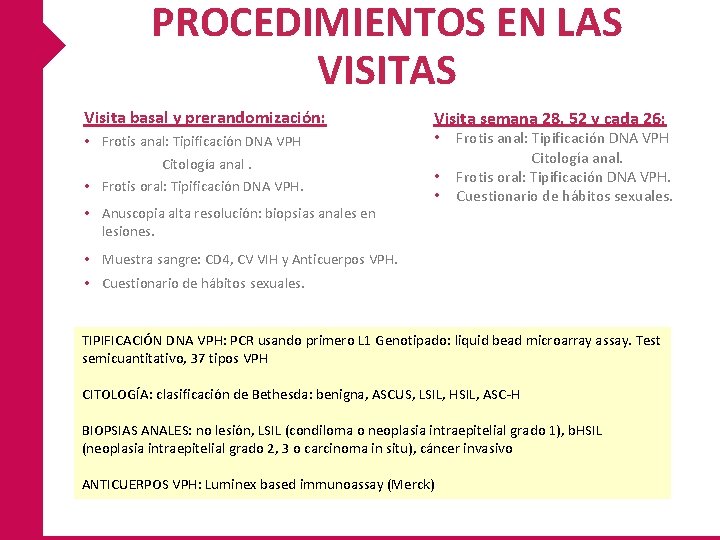 PROCEDIMIENTOS EN LAS VISITAS Visita basal y prerandomización: • Frotis anal: Tipificación DNA VPH