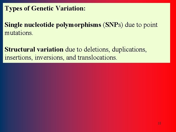 Types of Genetic Variation: Single nucleotide polymorphisms (SNPs) due to point mutations. Structural variation