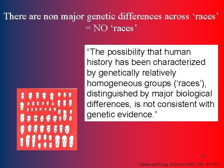 There are non major genetic differences across ‘races’ = NO ‘races’ “The possibility that
