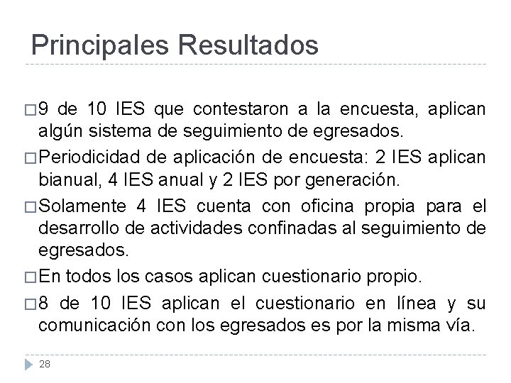 Principales Resultados � 9 de 10 IES que contestaron a la encuesta, aplican algún