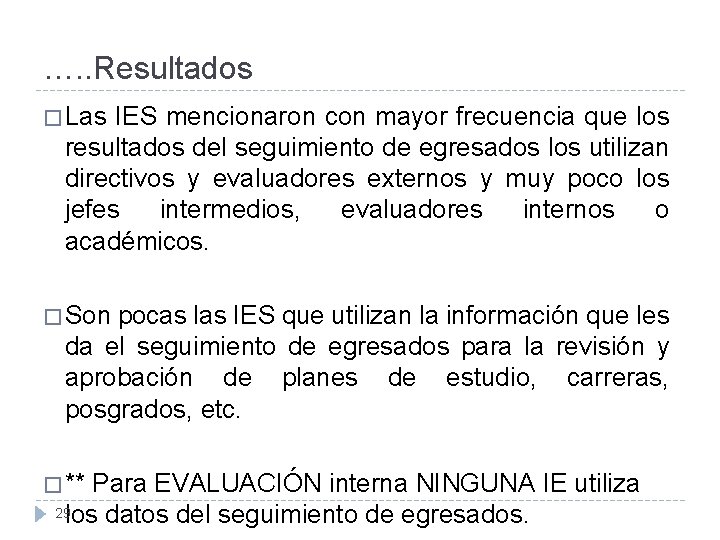 …. . Resultados � Las IES mencionaron con mayor frecuencia que los resultados del