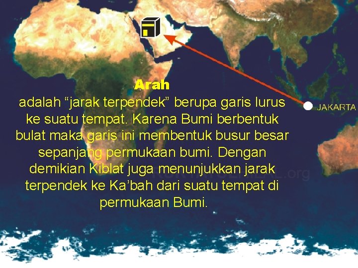 Arah adalah “jarak terpendek” berupa garis lurus ke suatu tempat. Karena Bumi berbentuk bulat