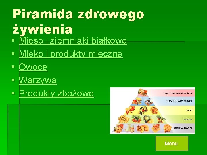 Piramida zdrowego żywienia § § § Mięso i ziemniaki białkowe Mleko i produkty mleczne