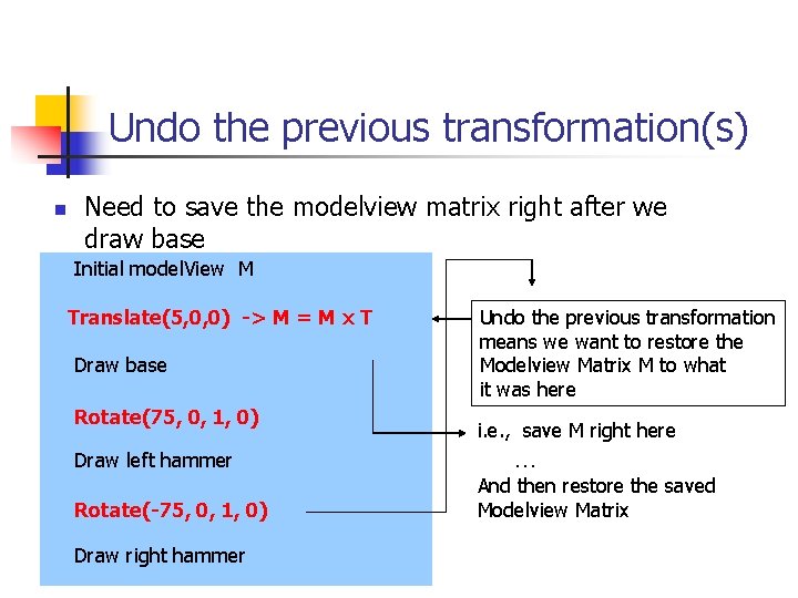 Undo the previous transformation(s) n Need to save the modelview matrix right after we