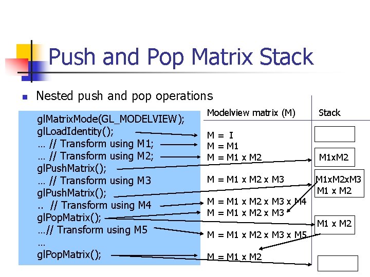 Push and Pop Matrix Stack n Nested push and pop operations gl. Matrix. Mode(GL_MODELVIEW);