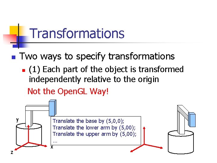 Transformations Two ways to specify transformations n n y z (1) Each part of