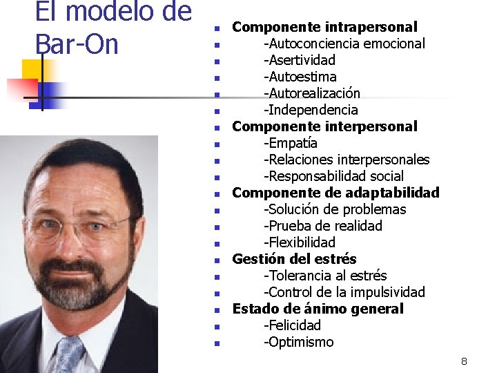 El modelo de Bar-On n n n n n Componente intrapersonal -Autoconciencia emocional -Asertividad