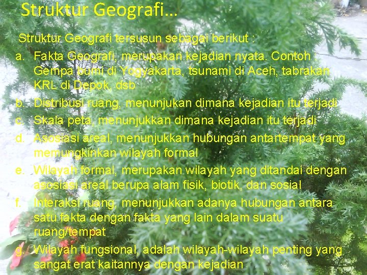 Struktur Geografi… Struktur Geografi tersusun sebagai berikut : a. Fakta Geografi, merupakan kejadian nyata.