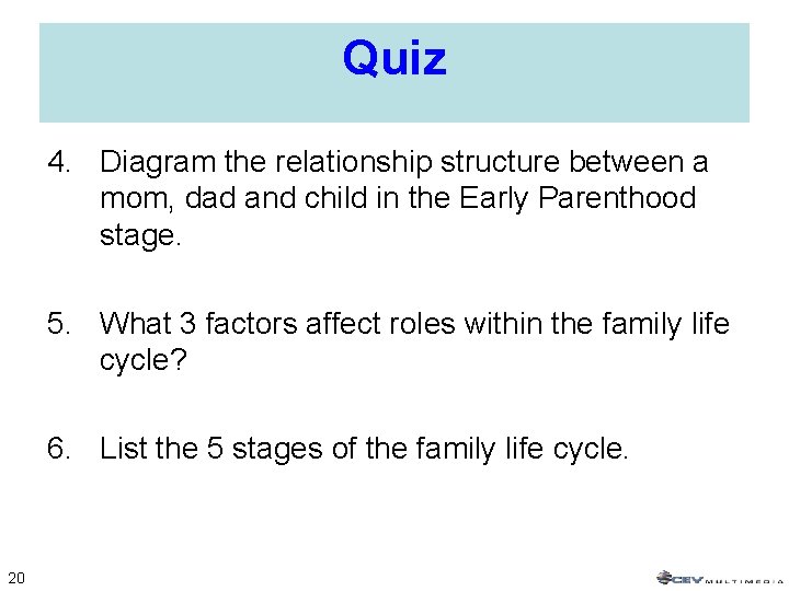 Quiz 4. Diagram the relationship structure between a mom, dad and child in the