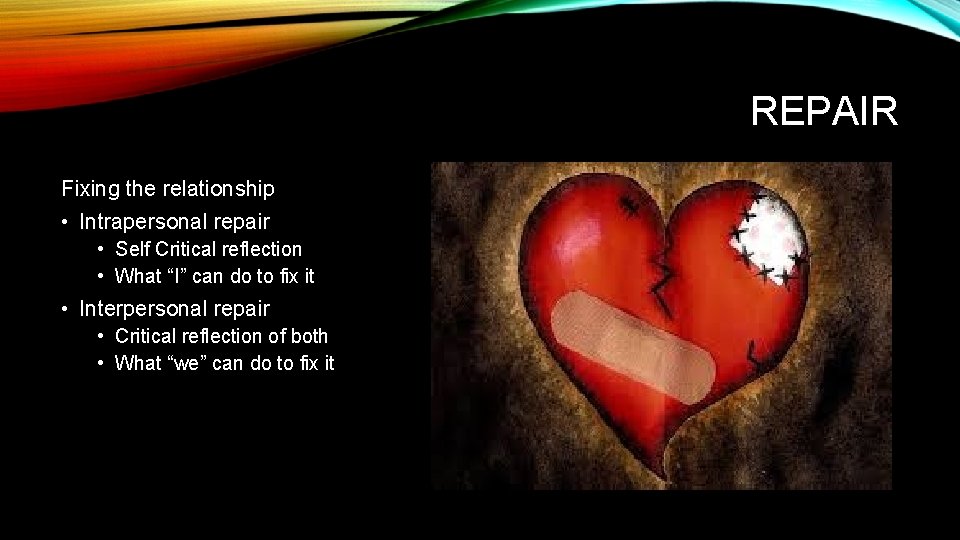 REPAIR Fixing the relationship • Intrapersonal repair • Self Critical reflection • What “I”