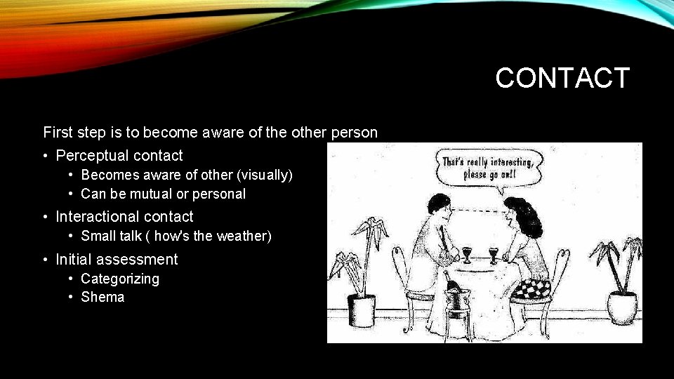 CONTACT First step is to become aware of the other person • Perceptual contact
