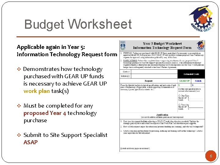 Budget Worksheet Applicable again in Year 5: Information Technology Request form v Demonstrates how