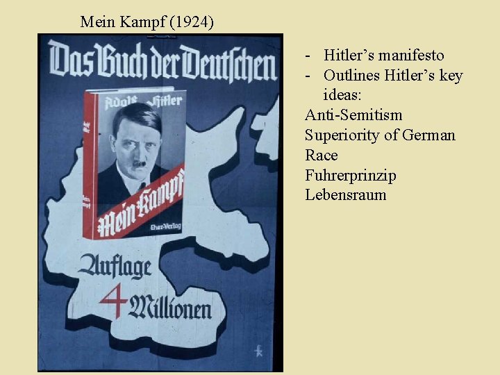 Mein Kampf (1924) - Hitler’s manifesto - Outlines Hitler’s key ideas: Anti-Semitism Superiority of