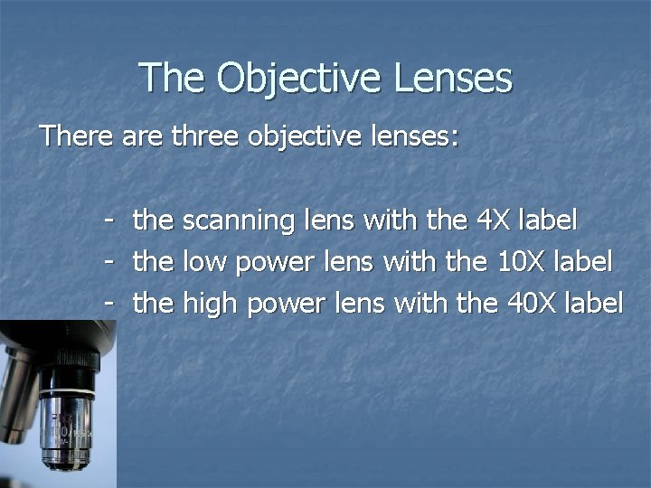 The Objective Lenses There are three objective lenses: - the scanning lens with the