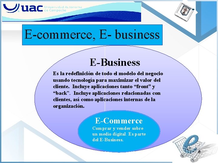 E-commerce, E- business E-Business Es la redefinición de todo el modelo del negocio usando