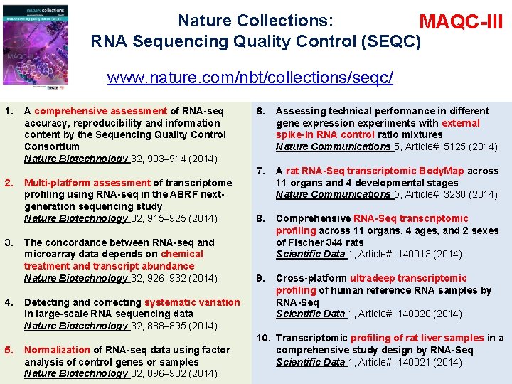 Nature Collections: MAQC-III RNA Sequencing Quality Control (SEQC) www. nature. com/nbt/collections/seqc/ 1. 2. 3.