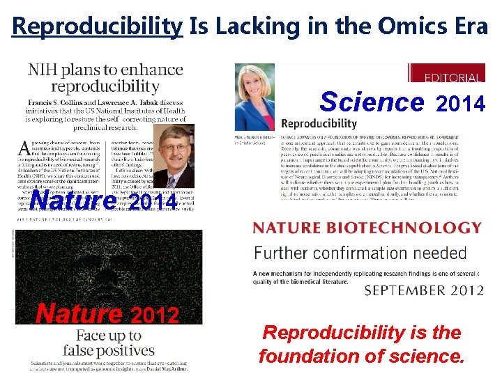 Reproducibility Is Lacking in the Omics Era Science Nature 2014 Nature 2012 Reproducibility is