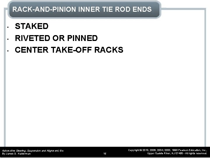 RACK-AND-PINION INNER TIE ROD ENDS • • • STAKED RIVETED OR PINNED CENTER TAKE-OFF