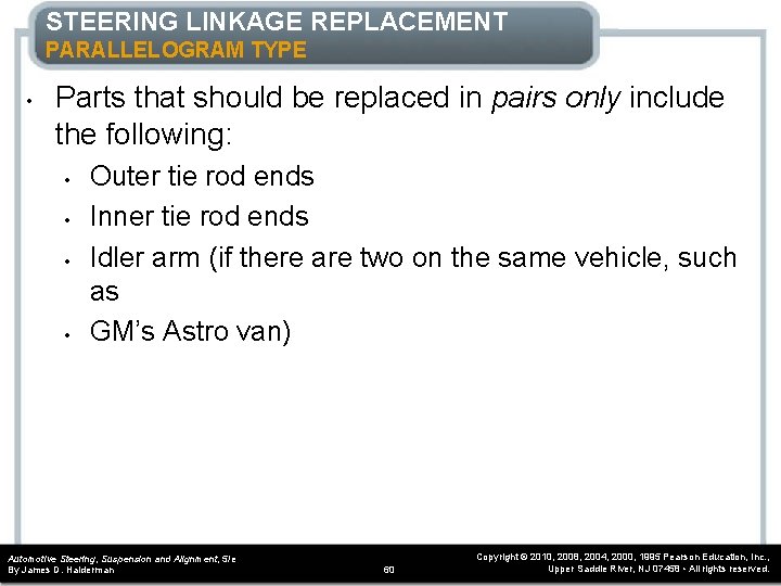 STEERING LINKAGE REPLACEMENT PARALLELOGRAM TYPE • Parts that should be replaced in pairs only