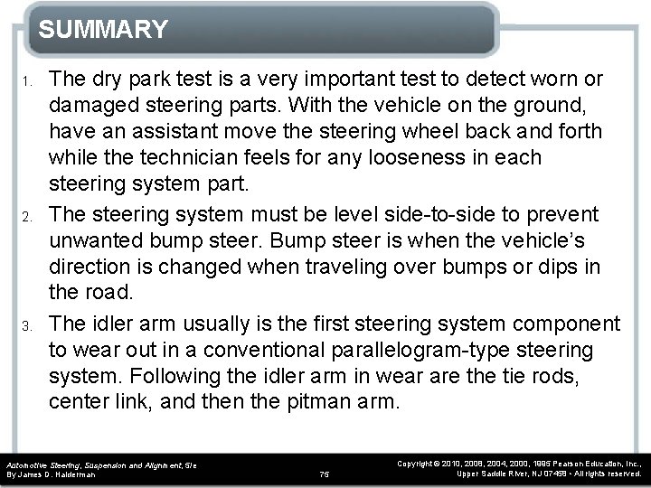 SUMMARY 1. 2. 3. The dry park test is a very important test to