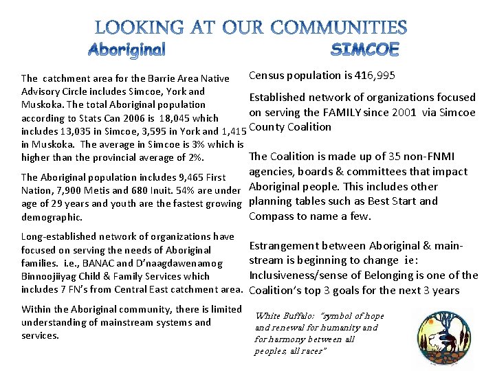 The catchment area for the Barrie Area Native Census population is 416, 995 Advisory