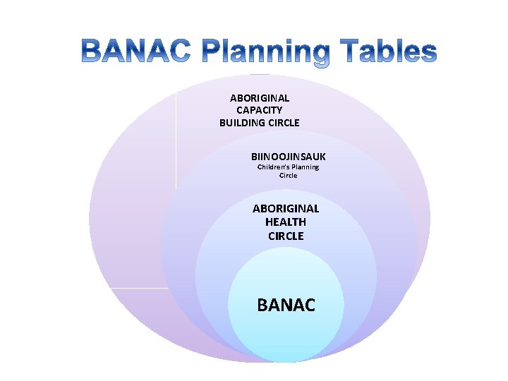 ABORIGINAL CAPACITY BUILDING CIRCLE BIINOOJINSAUK Children’s Planning Circle ABORIGINAL HEALTH CIRCLE BANAC 