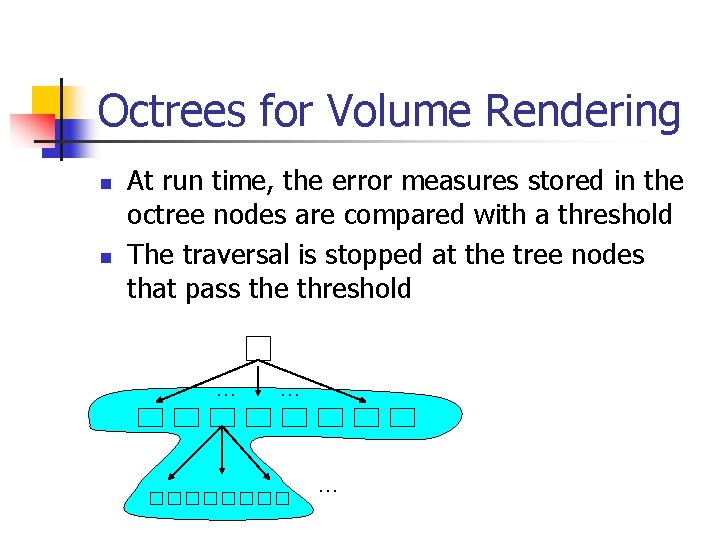 Octrees for Volume Rendering n n At run time, the error measures stored in