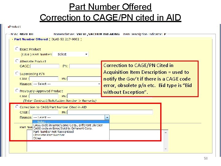 Part Number Offered Correction to CAGE/PN cited in AID Correction to CAGE/PN Cited in