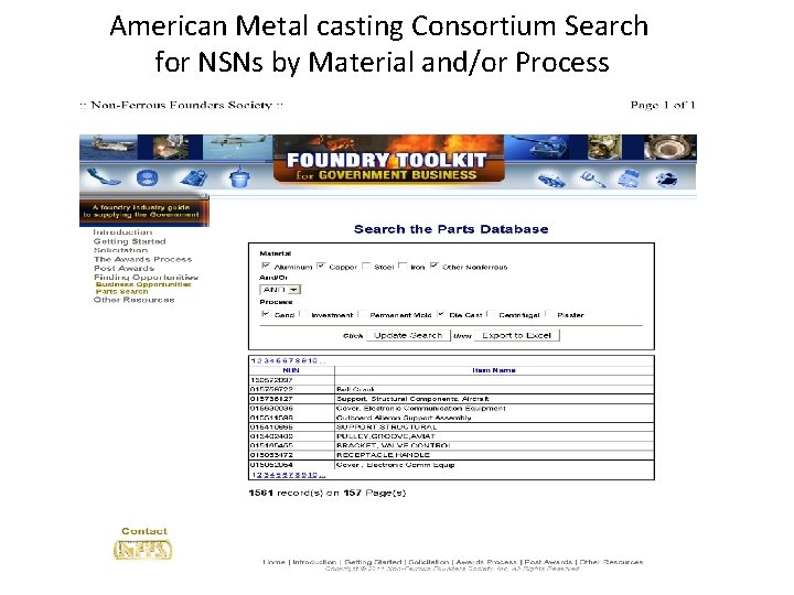 American Metal casting Consortium Search for NSNs by Material and/or Process 