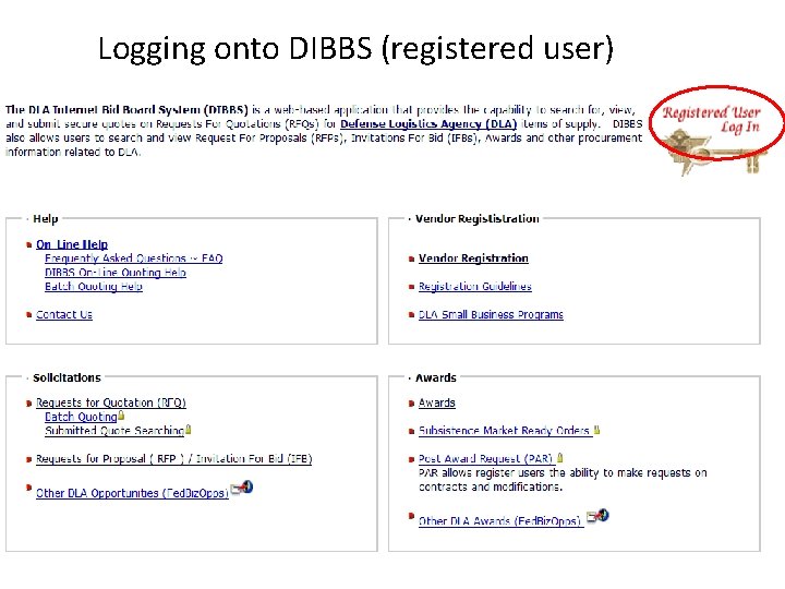 Logging onto DIBBS (registered user) 