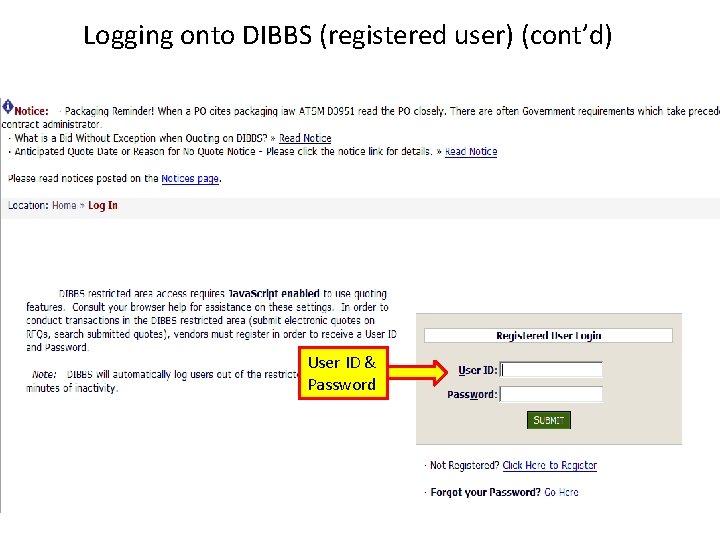 Logging onto DIBBS (registered user) (cont’d) User ID & Password 