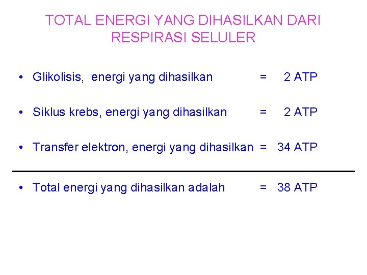 TOTAL ENERGI YANG DIHASILKAN DARI RESPIRASI SELULER • Glikolisis, energi yang dihasilkan = 2