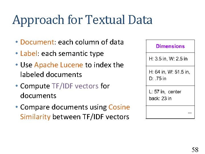 Approach for Textual Data • Document: each column of data • Label: each semantic