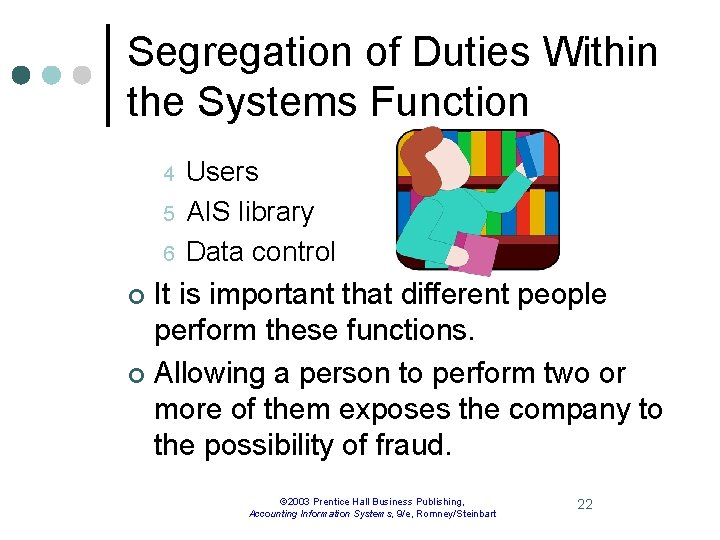 Segregation of Duties Within the Systems Function 4 5 6 Users AIS library Data