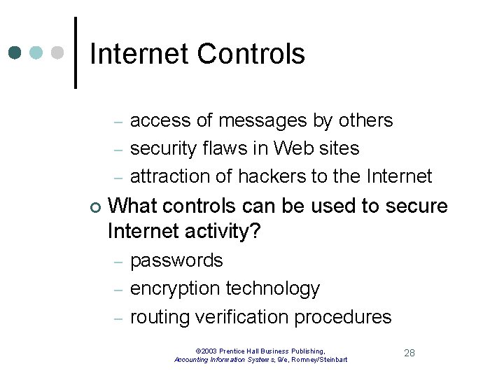 Internet Controls – – – ¢ access of messages by others security flaws in