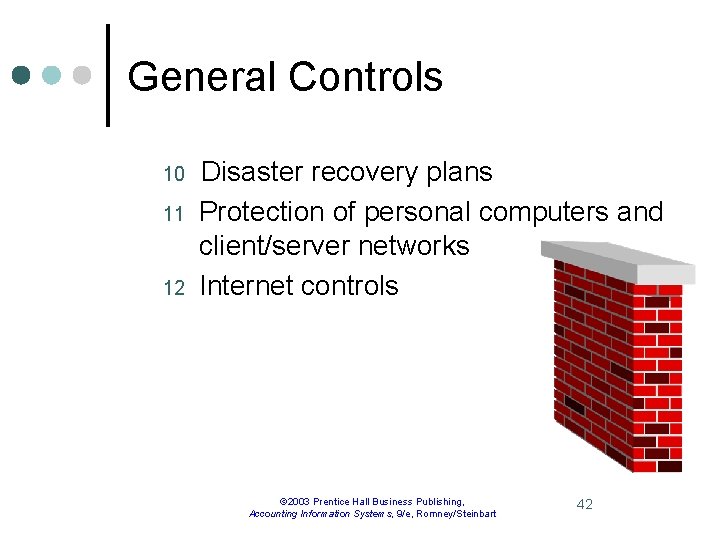 General Controls 10 11 12 Disaster recovery plans Protection of personal computers and client/server