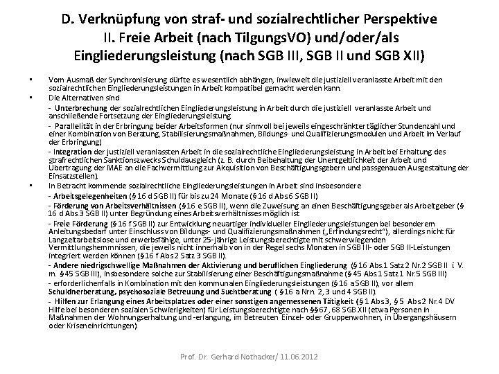 D. Verknüpfung von straf- und sozialrechtlicher Perspektive II. Freie Arbeit (nach Tilgungs. VO) und/oder/als