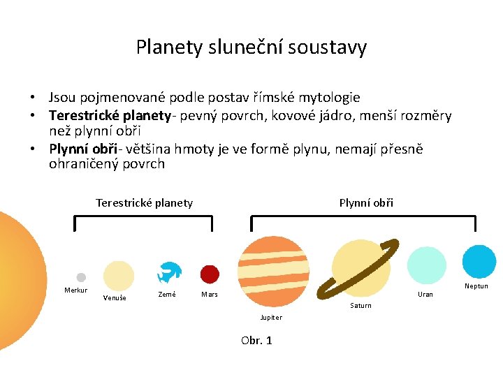 Planety sluneční soustavy • Jsou pojmenované podle postav římské mytologie • Terestrické planety- pevný