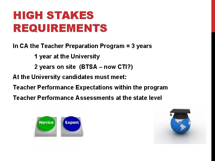 HIGH STAKES REQUIREMENTS In CA the Teacher Preparation Program = 3 years 1 year