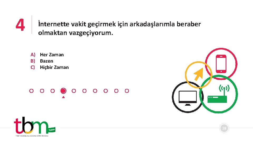 4 İnternette vakit geçirmek için arkadaşlarımla beraber olmaktan vazgeçiyorum. A) Her Zaman B) Bazen