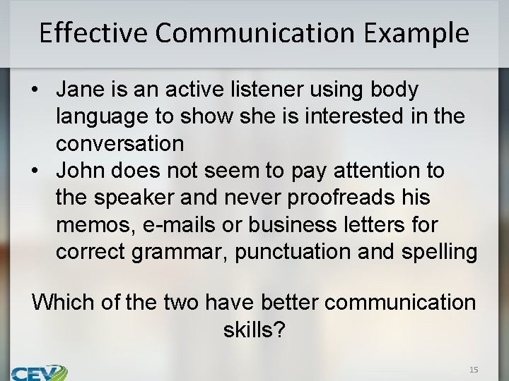 Effective Communication Example • Jane is an active listener using body language to show