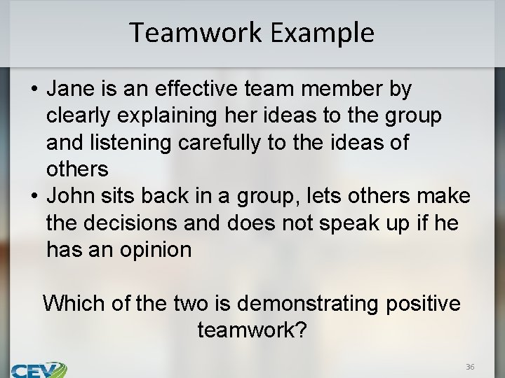 Teamwork Example • Jane is an effective team member by clearly explaining her ideas
